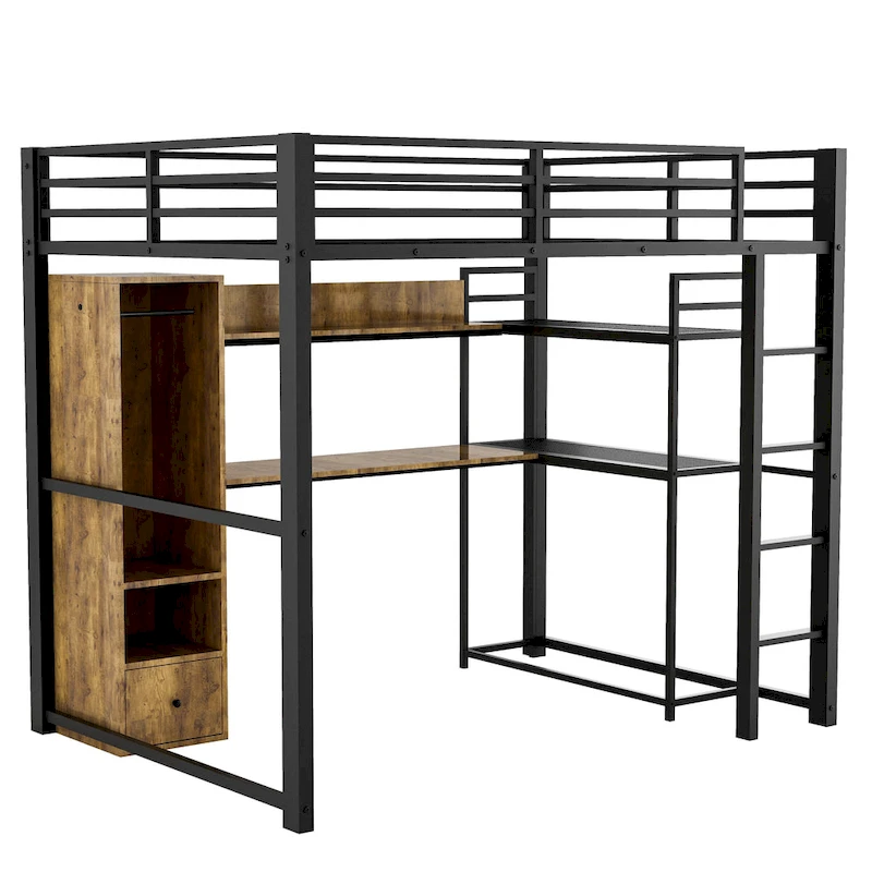 Full Size Metal Loft Bed with Built-in Wardrobe, Drawer, Desk and Shelves