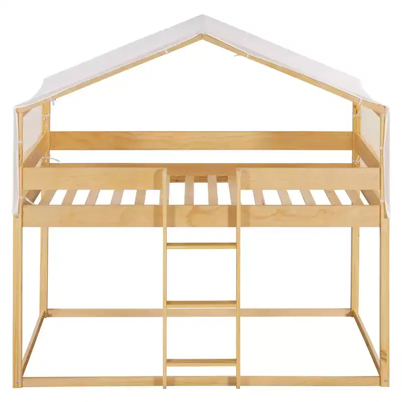CLIHOME Rustic Twin Over Twin Wood Bunk Bed Frame with Tent and Ladder