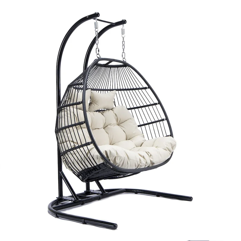 Double-Seat Folding Hanging Swing Chair with Stand & Cushion