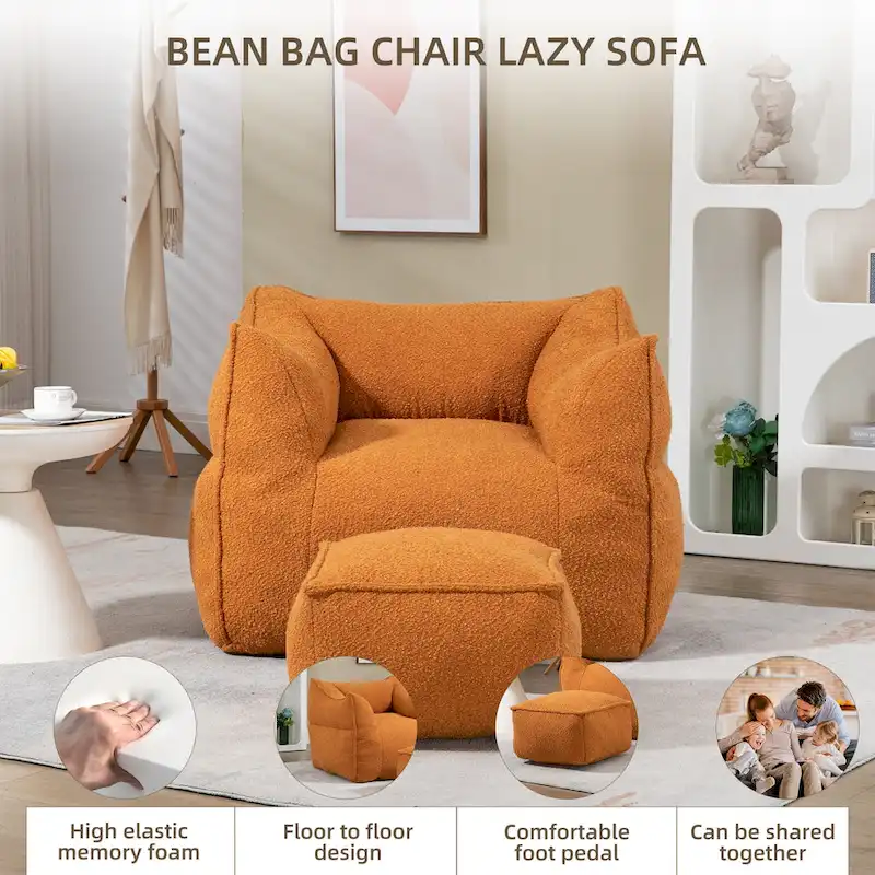Boucle Upholstered Deep Seat Armless Square Bean Bag Chair with Ottoman