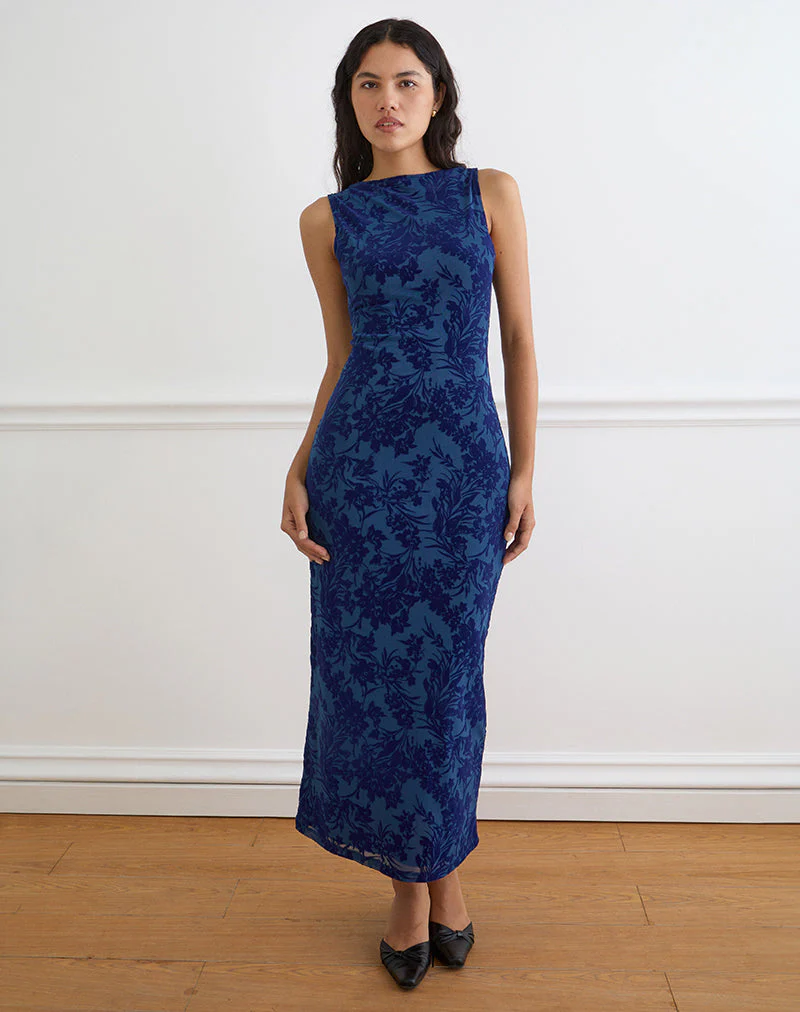 Ventura Maxi Dress in Midnight Leaf Flock Navy