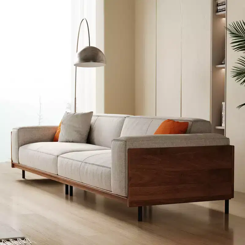 111.81 Extra-Long Solid Wood Mid-Century Light Gray Sofa, 4-Seater Cotton-Linen Couch with Walnut Accents & Washable Covers Gaoyangjiaju