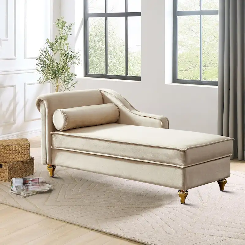 French Elegant Velvet Upholstered Storage Chaise Lounge Chair with a Pillow