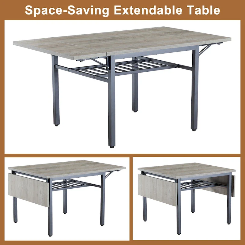Modern Industrial 63.2 Extendable Dining Table w/Drop Leaf, Seats 6