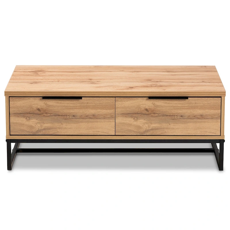 Franklin Oak Brown Wood and Black Metal 2-Drawer Coffee Table