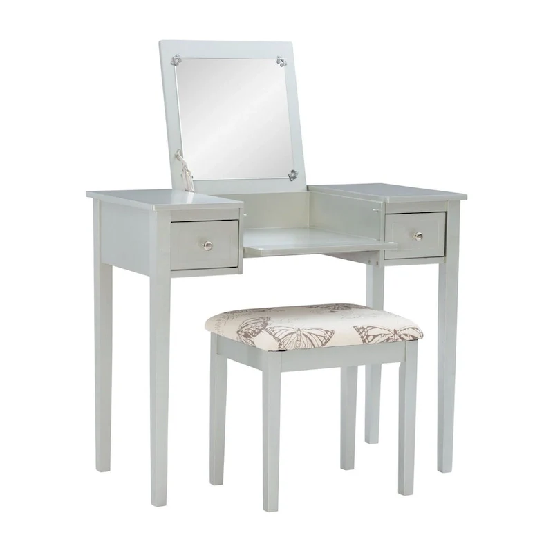 36 Silver Solid Vanity Set with Mirror and Upholstered Stool