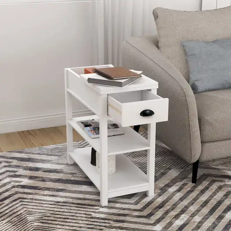 Narrow Flip Top Side Table with Drawer End Table with 2-Tiers Open Storage Shelves Sofa Table for Living Room,Bedroom