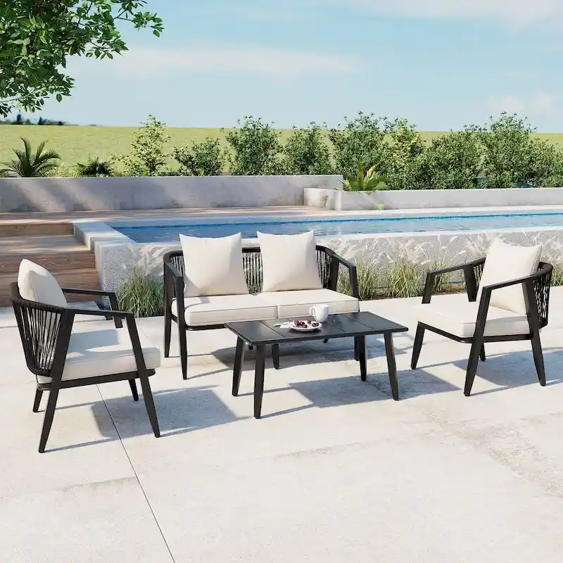 4-Piece Outdoor Iron Sofa Set with Coffee Table & Cushions