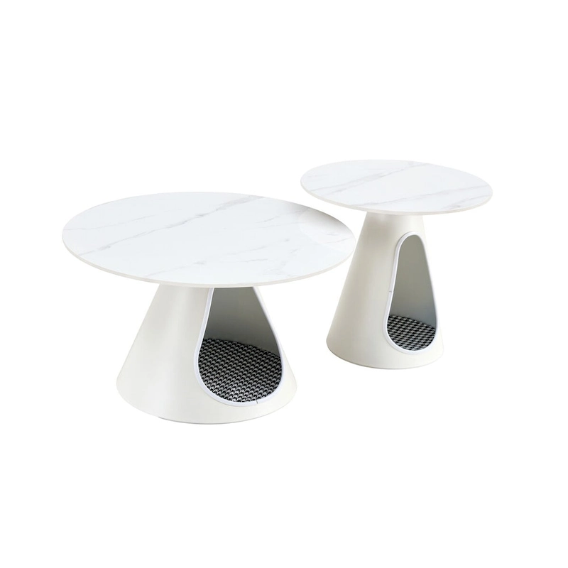 Set of 2 Coffee Round Tables With a Marble-Look top and steel base with 2 cat beds Multifunctional and stylish entable