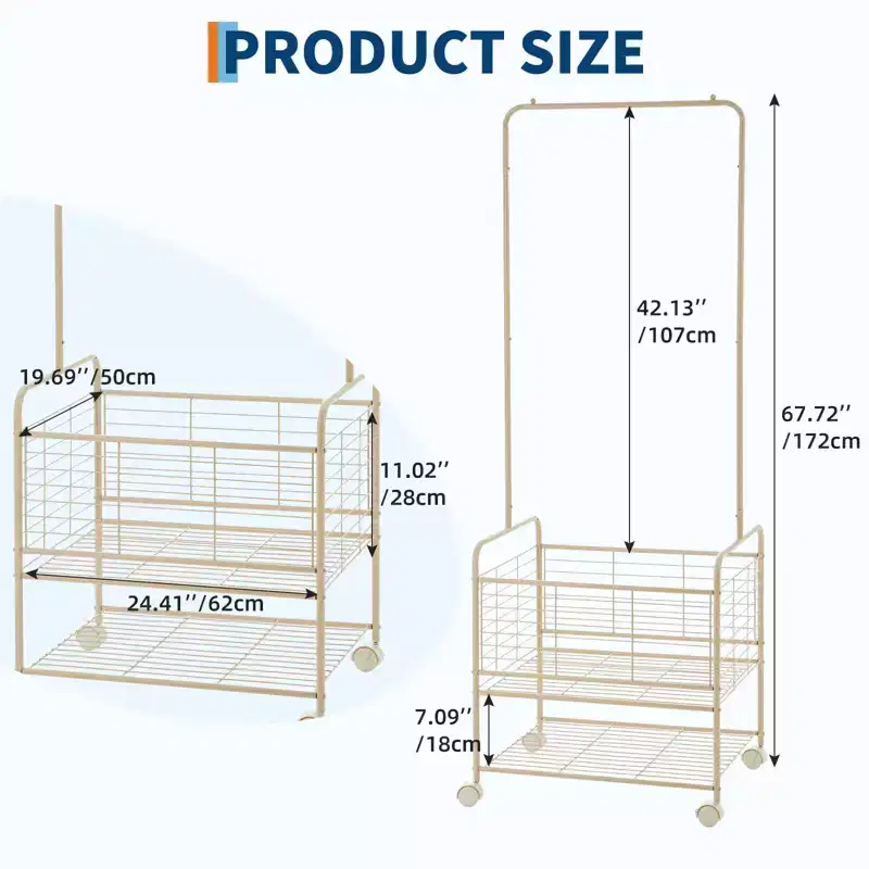 Black Rolling Metal Clothes Rack with Shelves & Basket — Single-Tier Hanging Rod