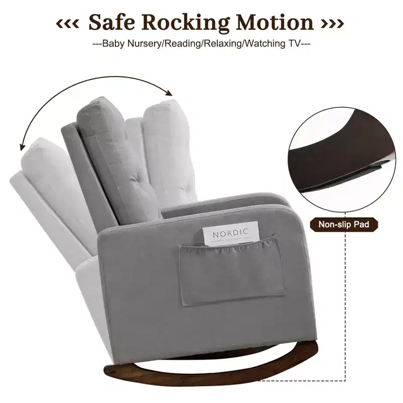 Upholstered Rocking Chair, Modern Wingback Accent Rocking Chair, Comfy Accent Armchair Chair, Rubber Wood Legs, High Backrest and Side Pocket