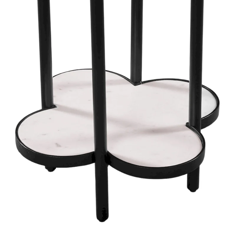 Chloe Side End Table, White Genuine Marble Clover Shape Top With Black Iron Frame