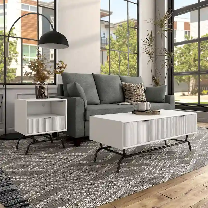 DH BASIC 2-Piece Modern Coffee Table and End Table Set with 3D Wave Accented Drawers by Denhour