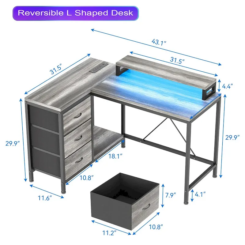 GIMMYFIVE L Shaped Gaming Desk with Power Outlets & LED Lights