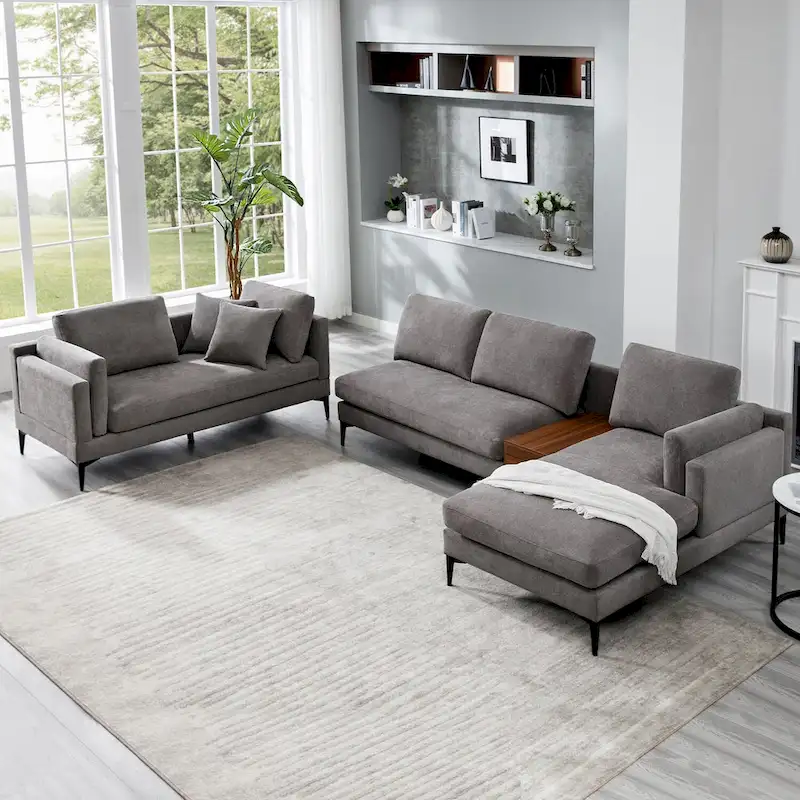 Modular U-shaped Linen Reversible Sofa with a Wooden Side Table Box and Reversible Design