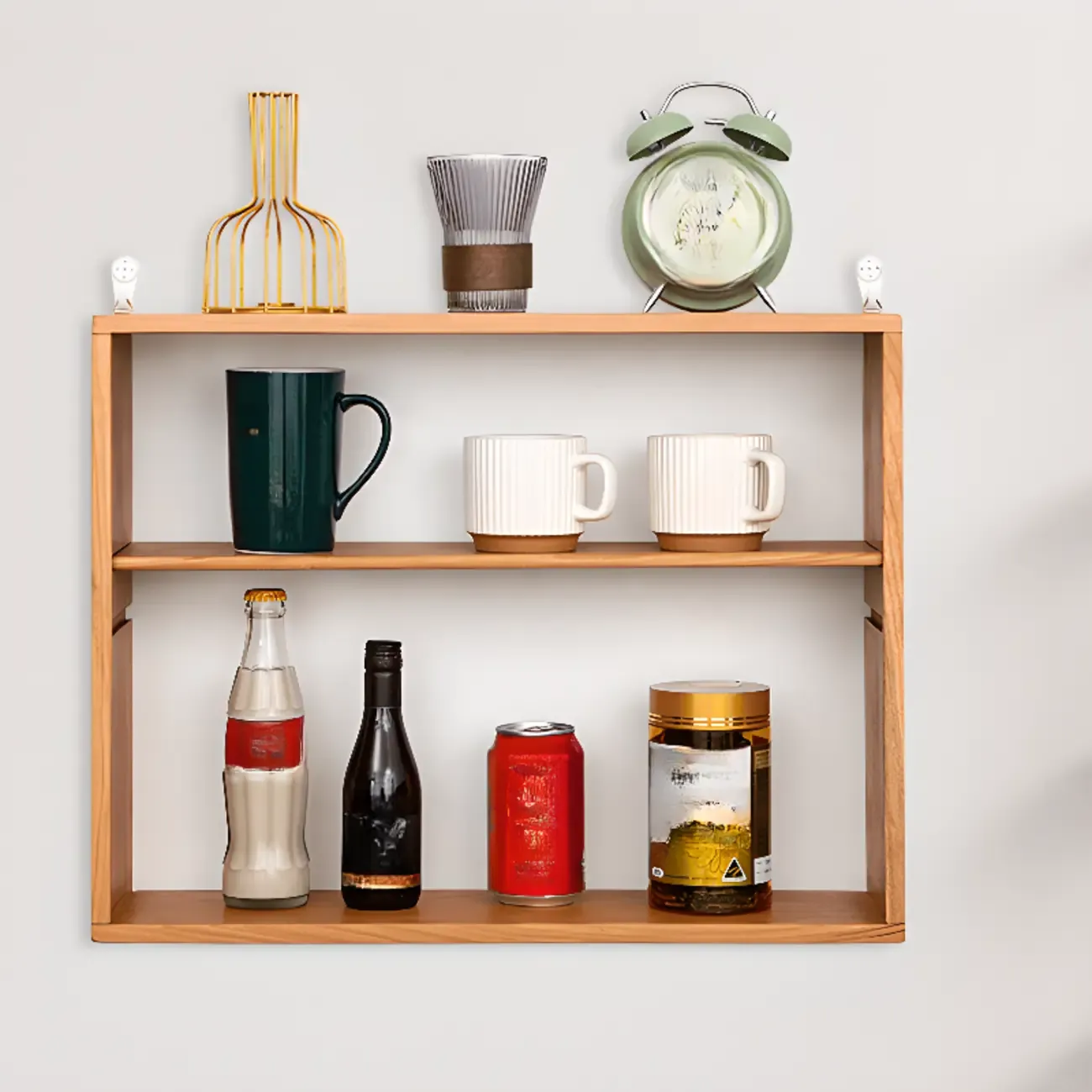 Natural Finish Wooden 2 Shelves Wall-Mounted Display Cabinet