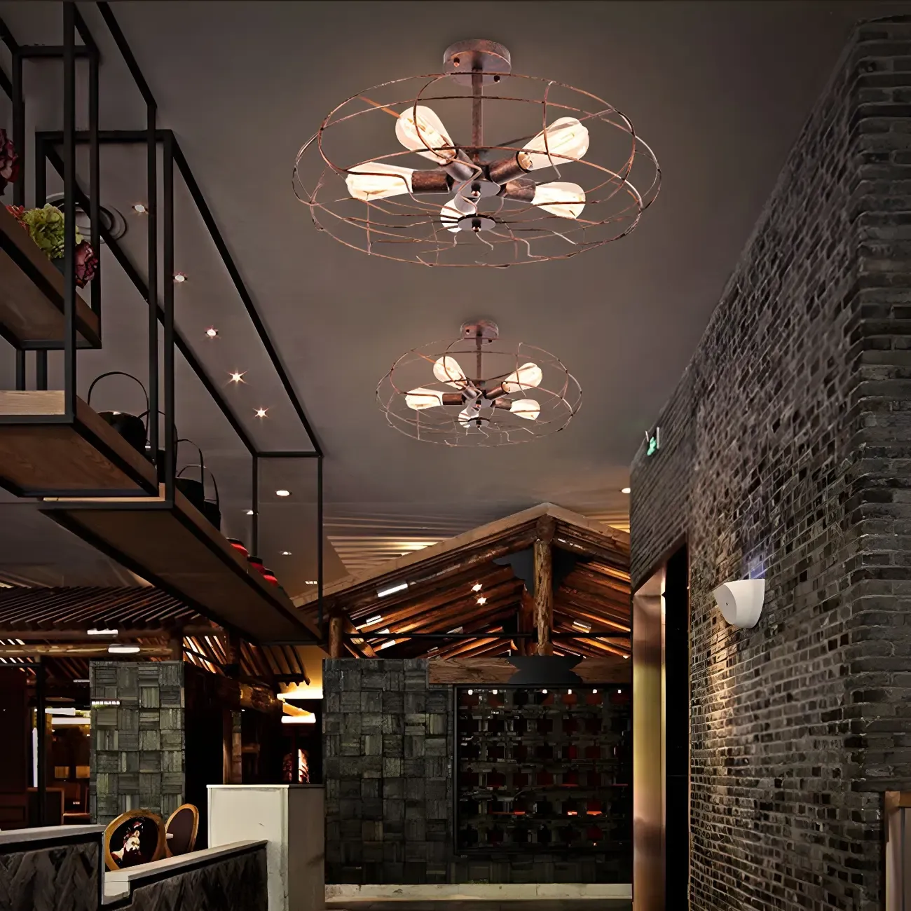 Industrial Metal Black Round Caged Semi Flush Ceiling Light