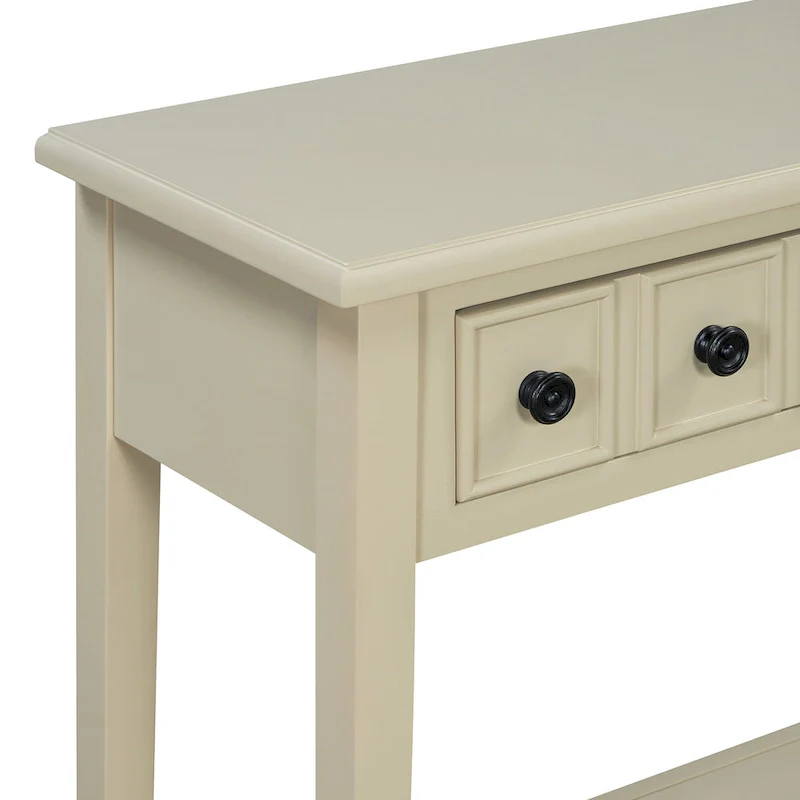 38.2 Rustic Console Table with Open Shelf and Three Drawers, Rubber Wood Legs