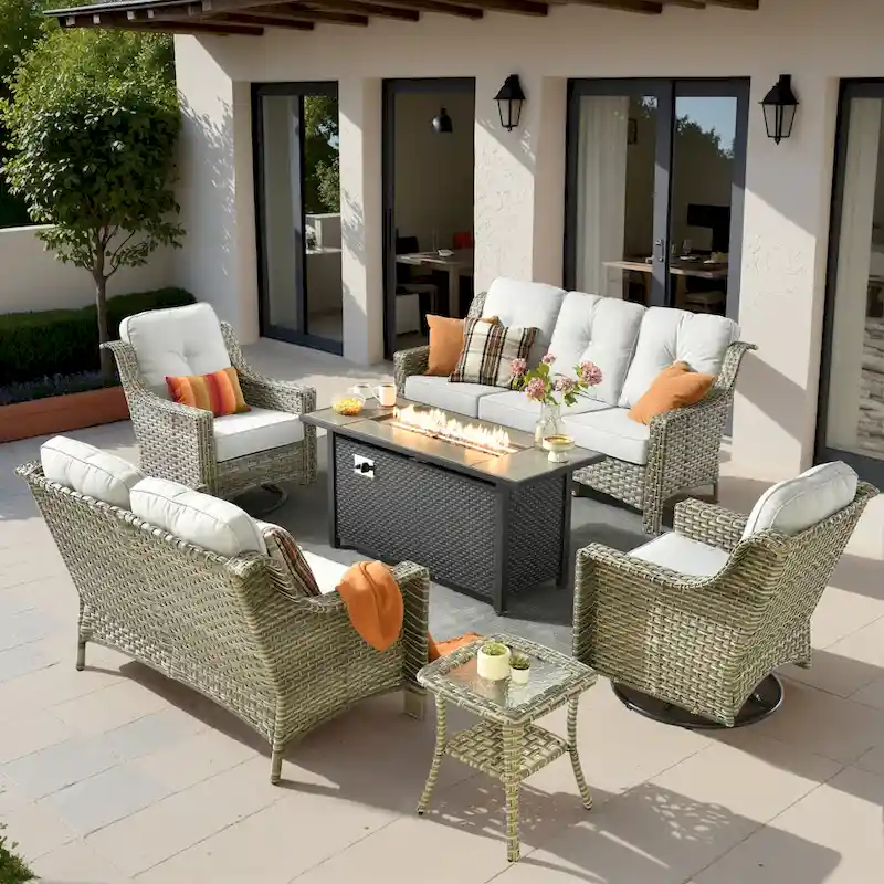 XIZZI 6-piece Patio Wicker Furniture Set with Fire Pit Table