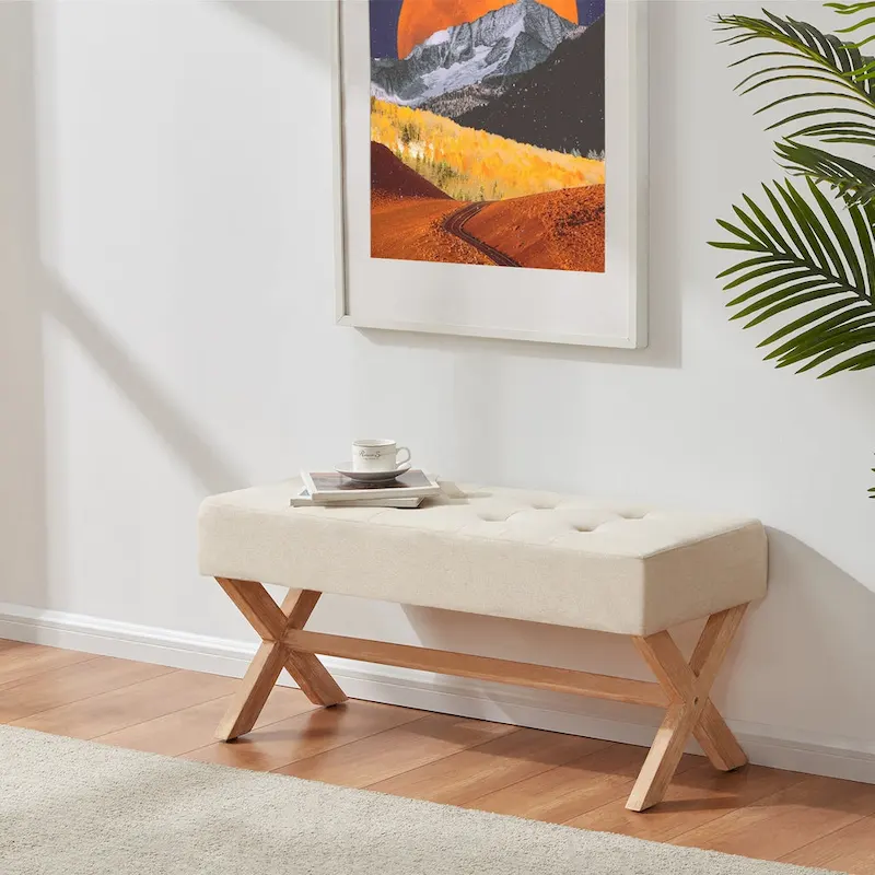 Upholstered Entryway Bench, Polyester, X-Shaped Wood Legs, 35.4
