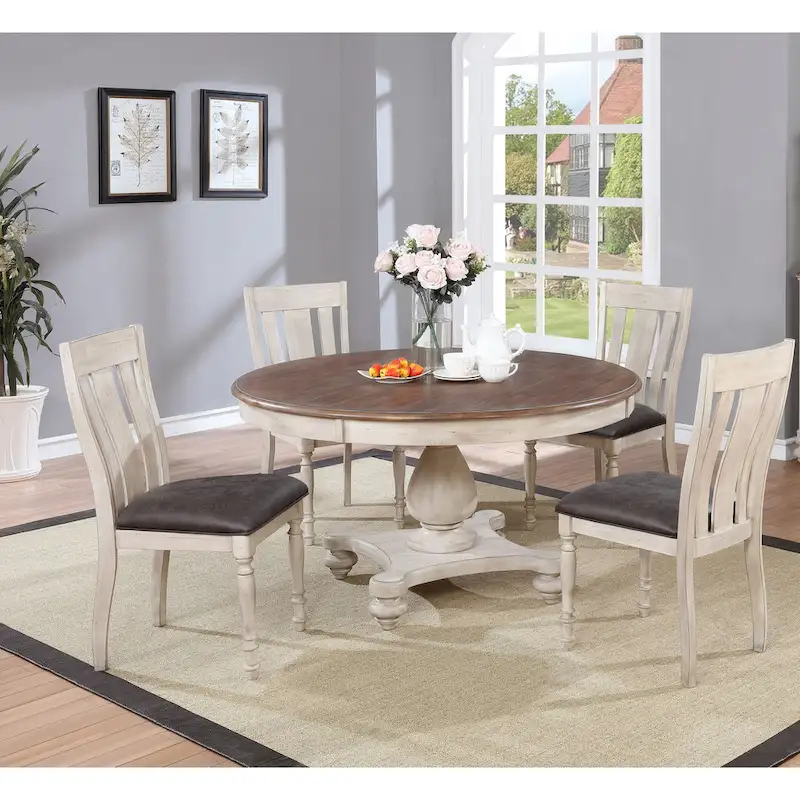 Weathered Oak Dining Set: Round Table and Four Dining Chairs