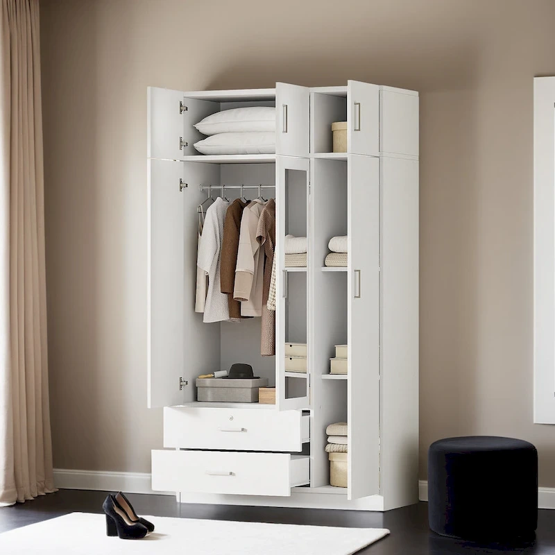 3-Door Mirror Wardrobe with 2 Drawers and Top Cabinet