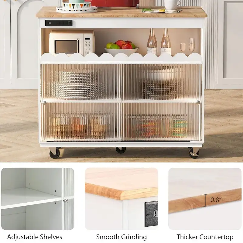 Multi-Functional Kitchen Island Cart with Drop Leaf, LED Light, and Power Outlets