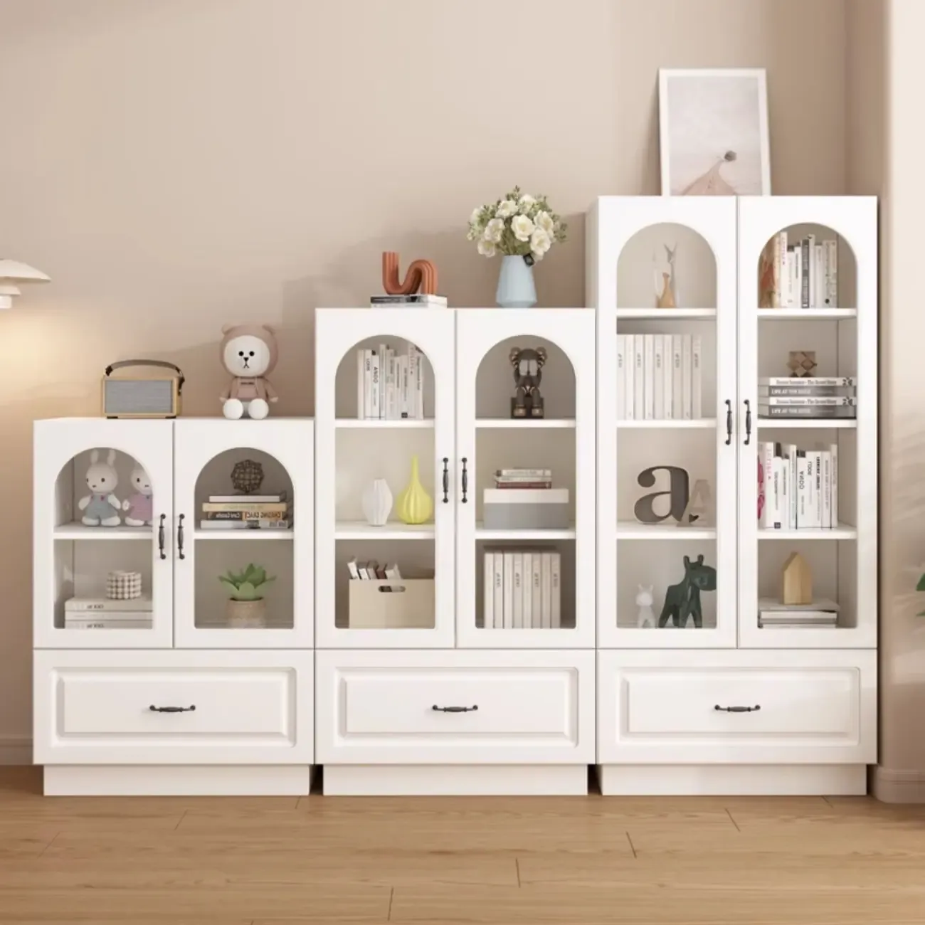 Multifunctional Glass Door Wooden White Bookcase with Drawer