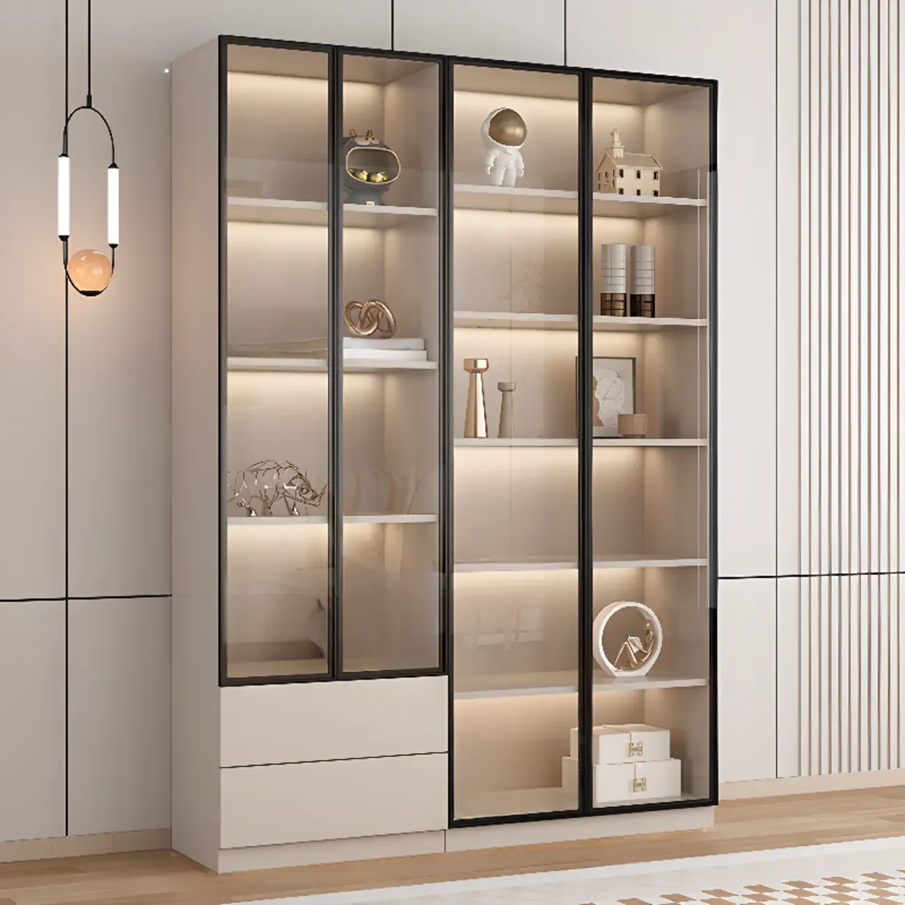 Natural Tall Glass Door Floor Display Cabinet with Storage