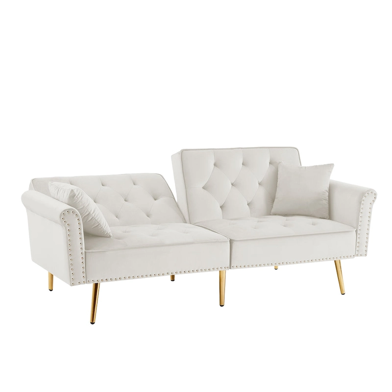 Velvet Tufted Sofa Couch with 2 Pillows and Nailhead Trim