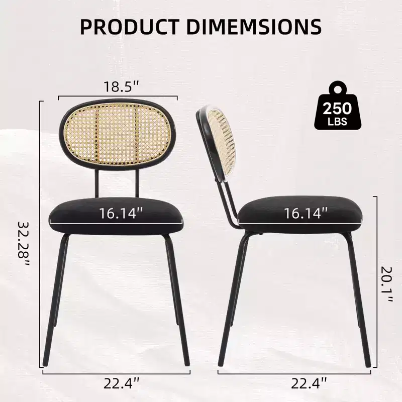 2 Pack Dining Chairs, Modern Velvet Upholstered Dining Room Chairs with Rattan Backrest & Sturdy Metal Legs