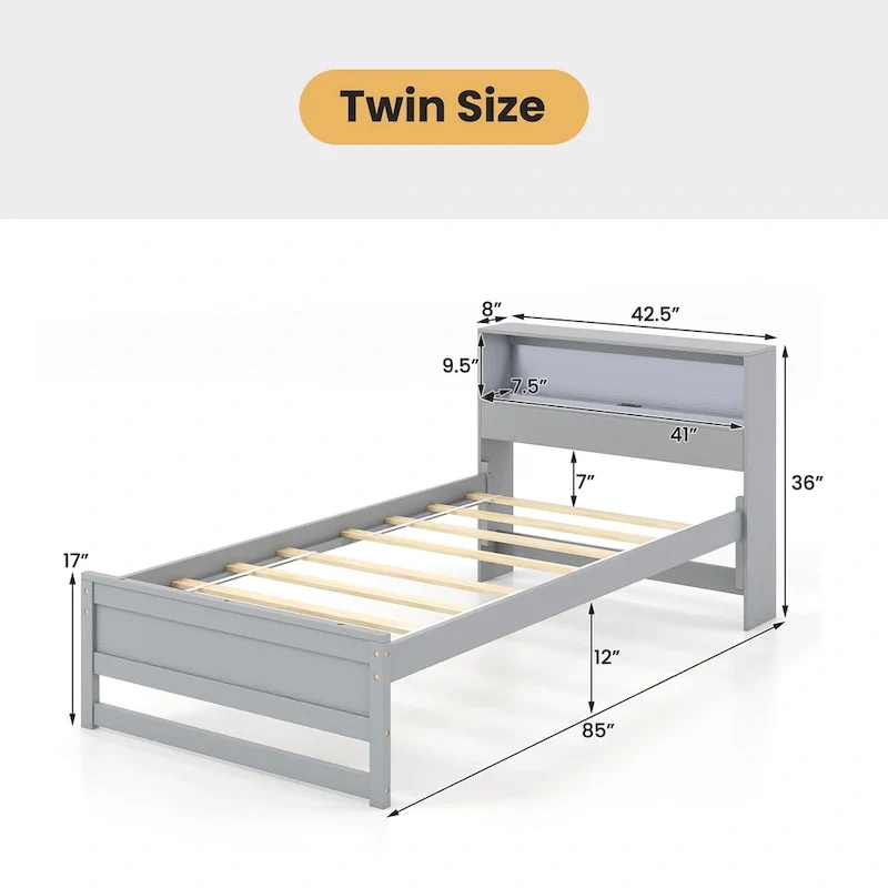 Single Wooden Bed Frame (with Charging Station and LED Lights)