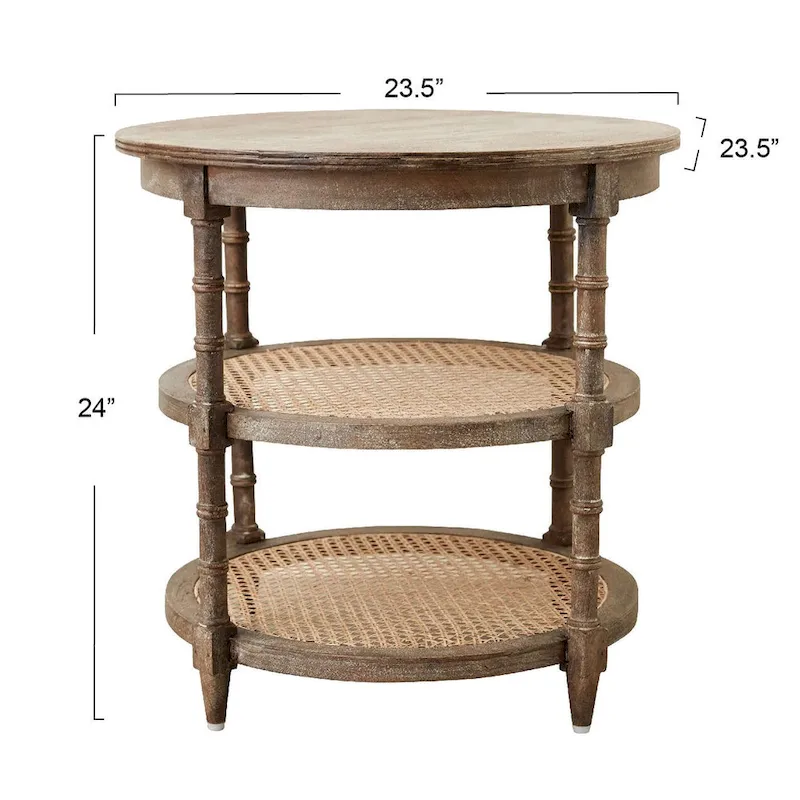 Round Mango Wood Table with 2 Cane Shelves