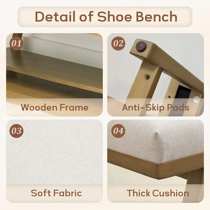 Solid Wood Shoe Bench with Cushion Entryway Shoe Bench