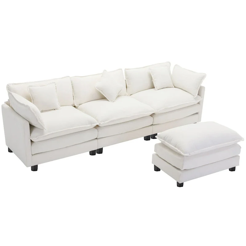 L-Shape Chenille Upholstered Sofa with Ottoman