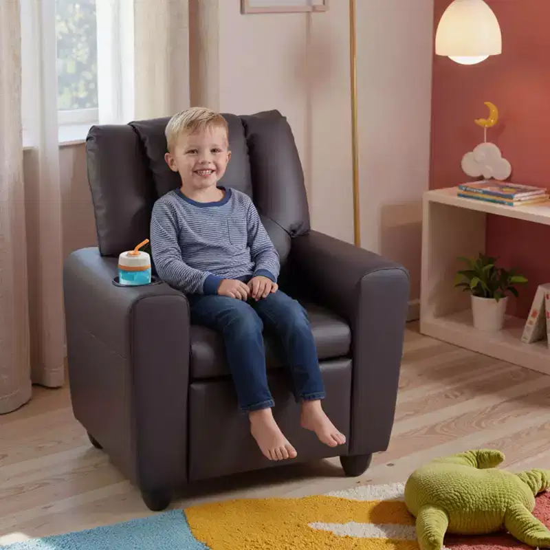 Kids Recliner Chair with Cup Holder – Beige / Black / Brown / Pink, Push-Back Style, 1-Seat