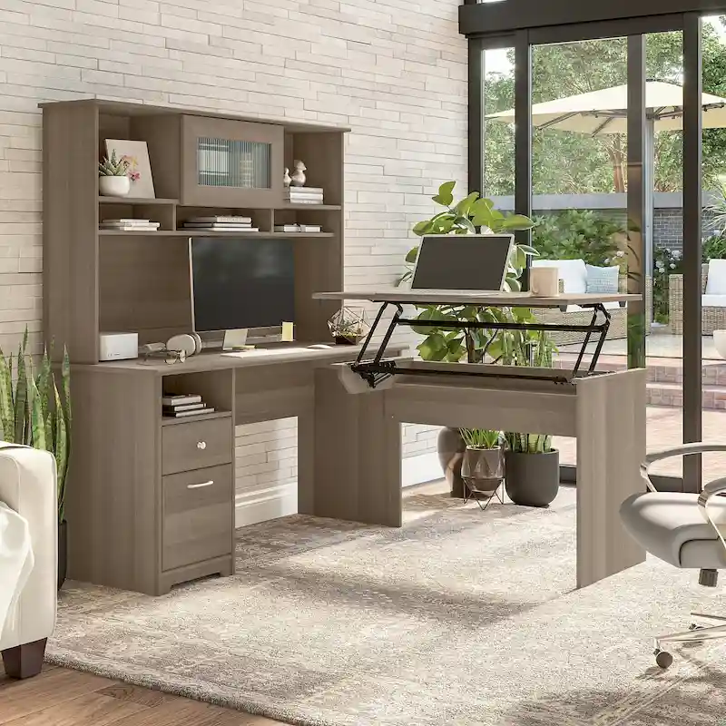 60W 3-position L-shaped Sit to Stand Desk with Hutch by