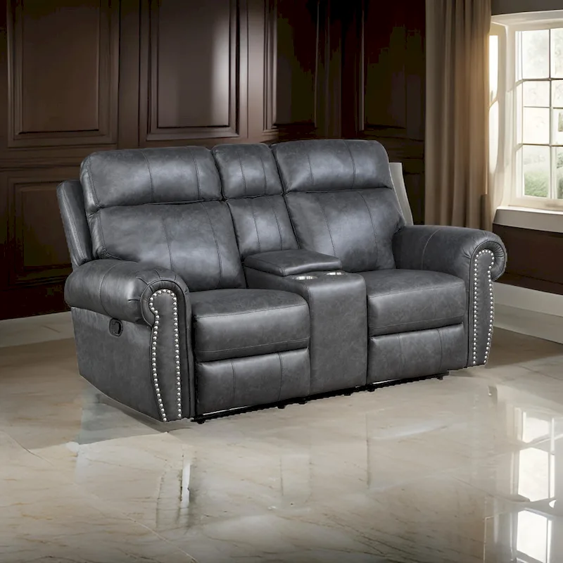 Ville 75 Inch Manual Recliner Loveseat, Storage Console, Gray Faux Leather