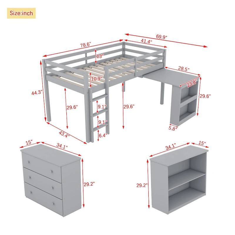 Twin Loft Bed with Pull-Out Desk, 3-Drawer Cabinet & Shelves