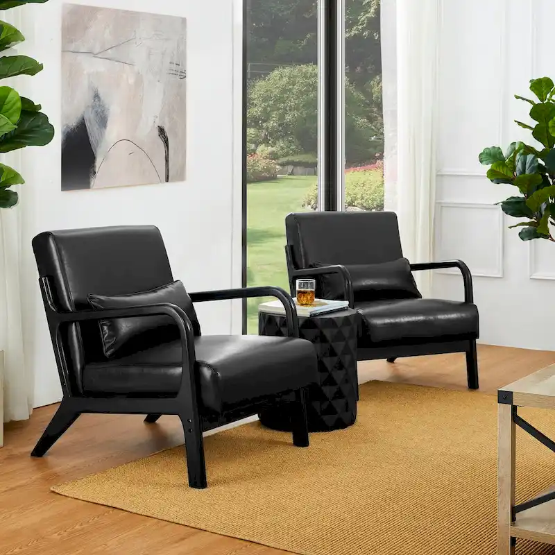 Glitzhome Set of 2 30.75H Mid-Century Modern PU Leather Accent Chairs with Cushion - 25.75W x 33.75D x 30.75H