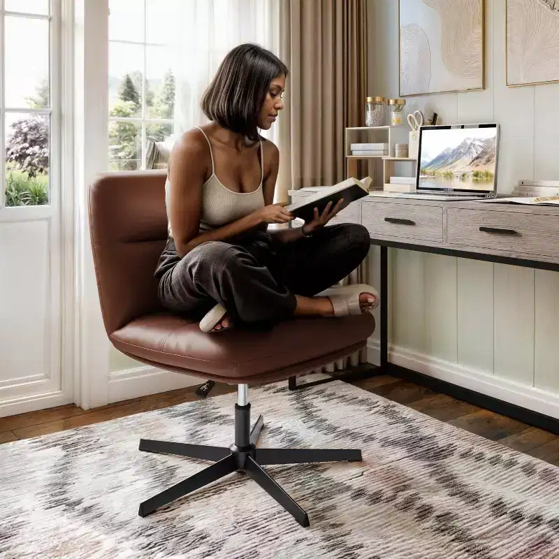 Merrick Lane Mid-Back Height-Adjustable Stationary Armless Swivel Office Chair - Padded Upholstered Wide Back and Seat, Strong Frame