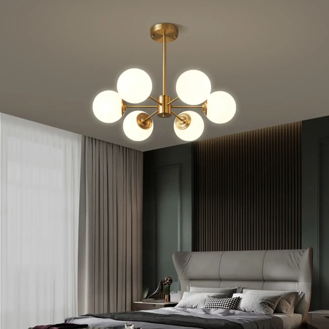 Modern Gold Sputnik Chandelier with White Glass Globe