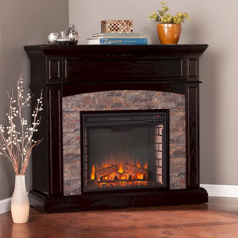 SEI Furniture Ebony Convertible Corner Electric Media Fireplace with Faux Stone Mantel