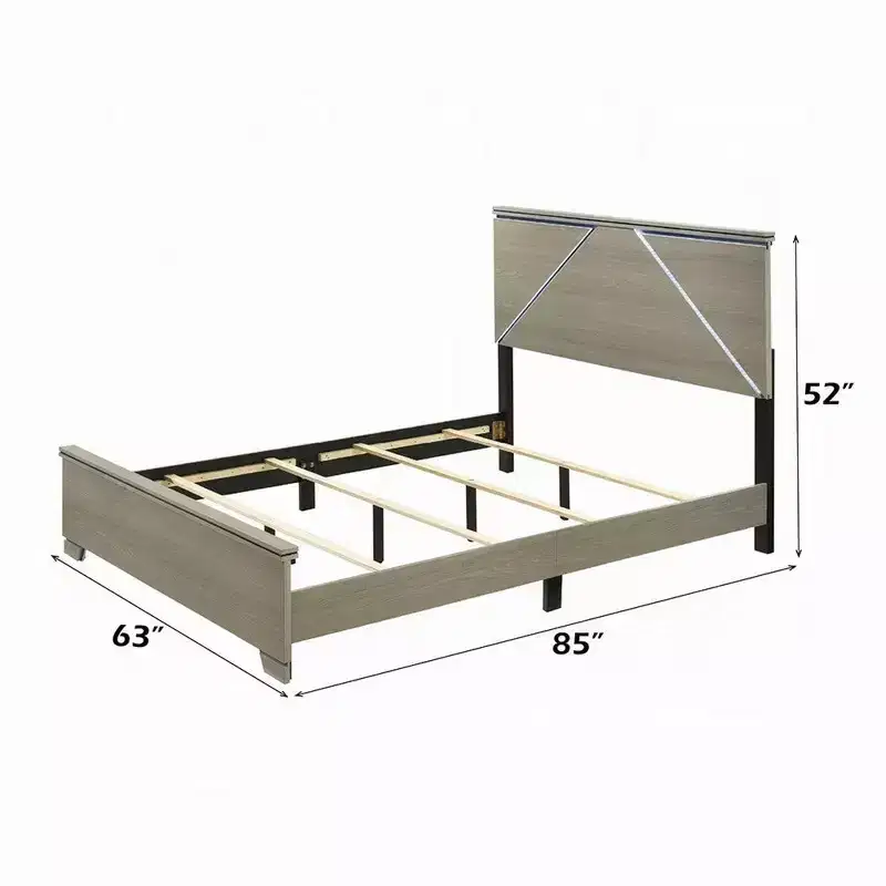 Royal Hampton Queen Bed, Panel Headboard with LED, Weathered Gray Wood, Modern Style