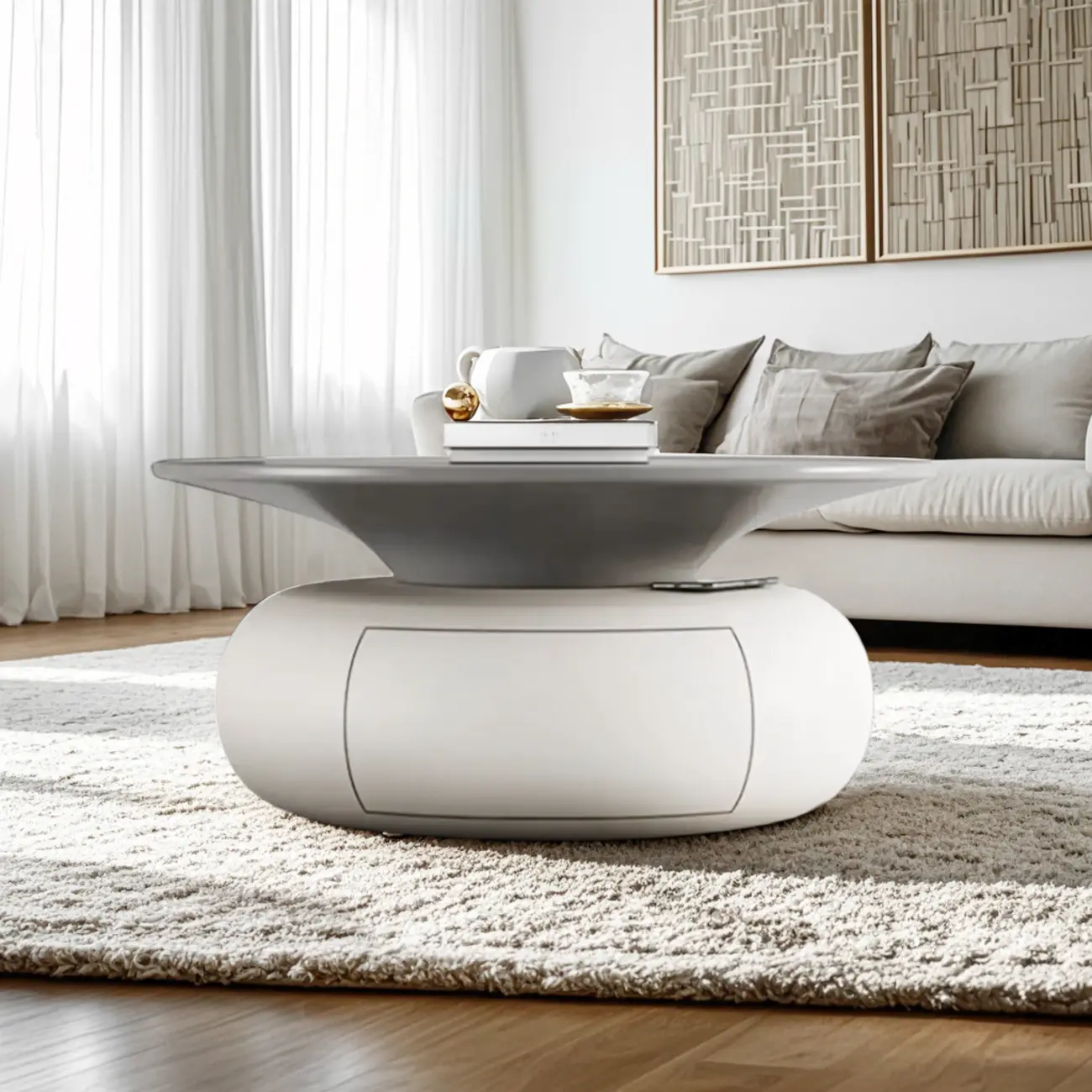 Beige Gray Modern Round Wood Coffee Table with Storage