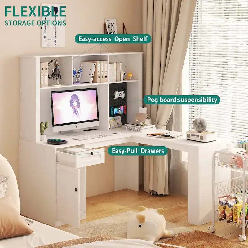 L-Shaped Computer Desk with Power Outlets, USB Ports, Drawers and Bookshelf