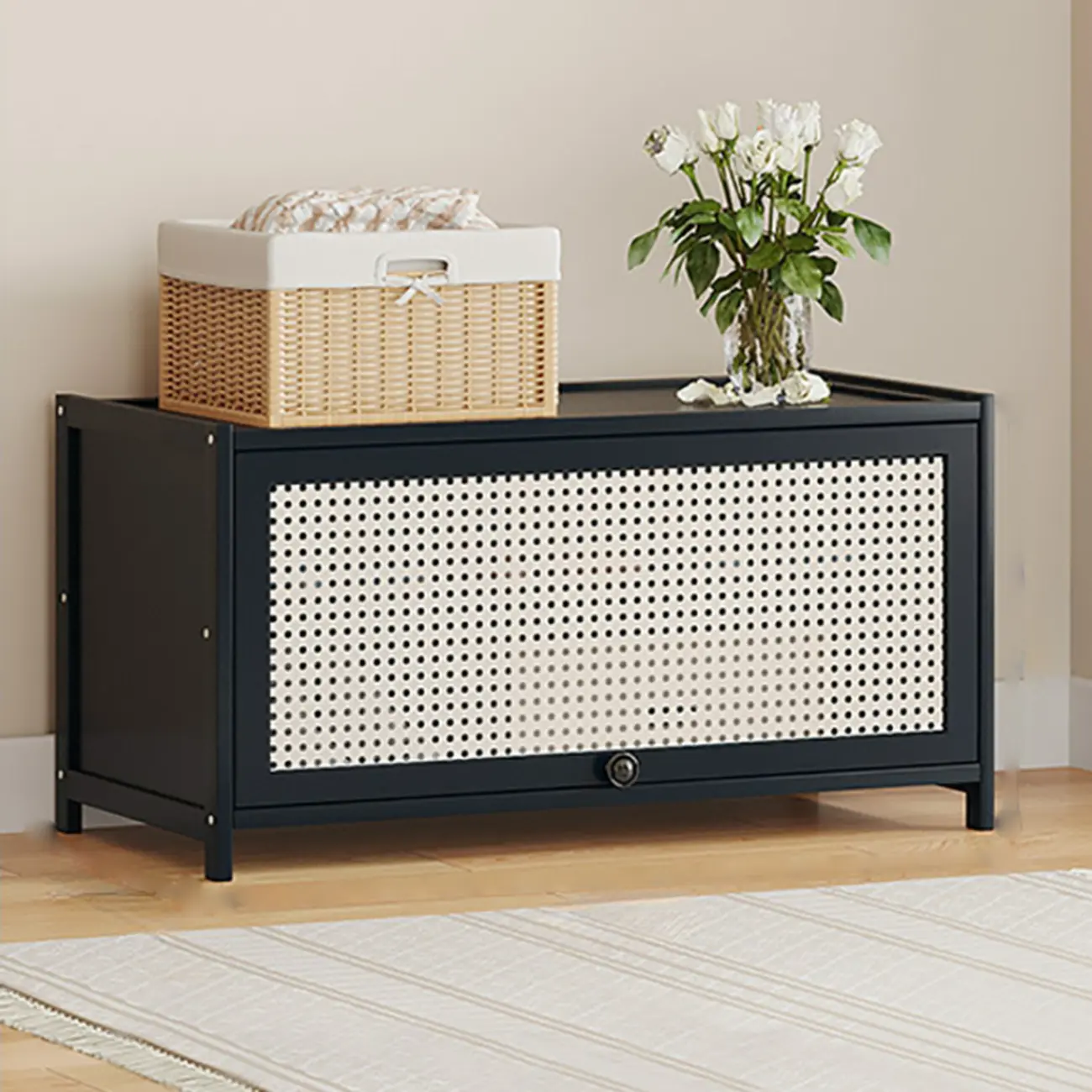 Modern Black Bamboo Shoe Cabinet with Rattan Panels
