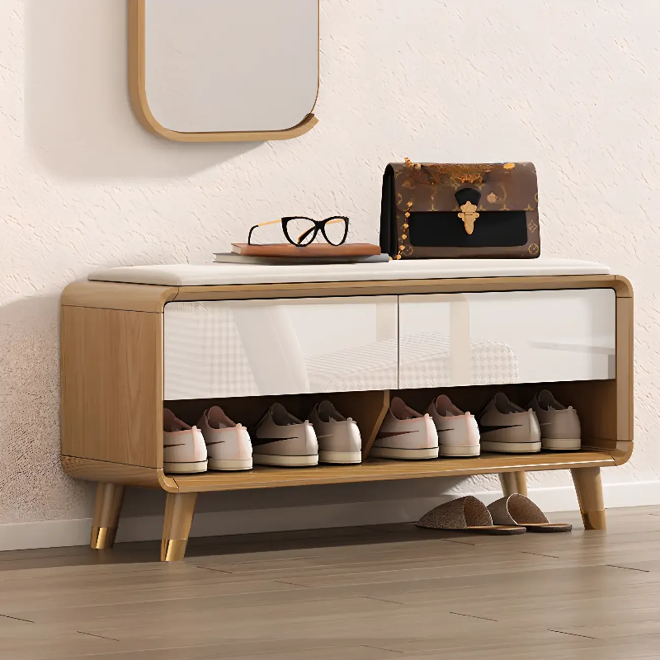 Entryway Natural Wood Shoe Storage Bench with Drawers