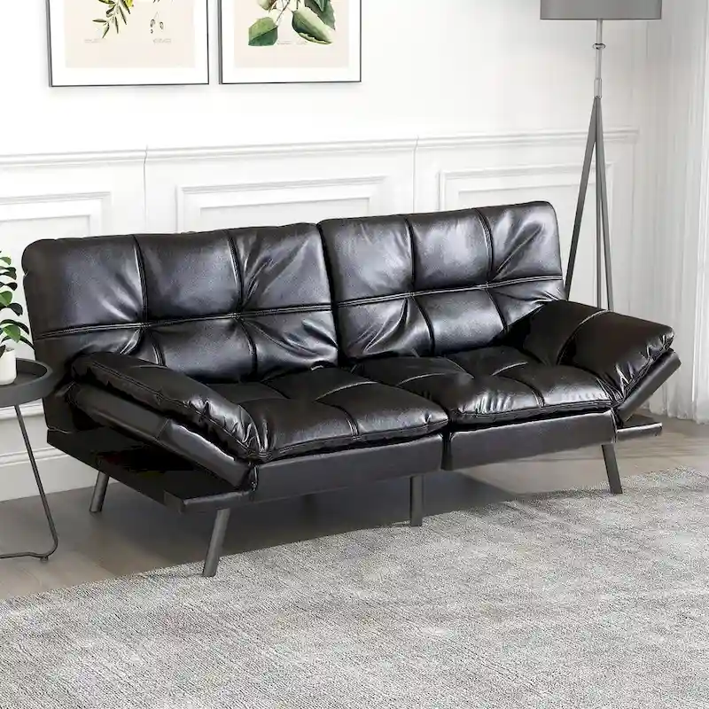 Modern Faux Leather Futon with Memory Foam and Adjustable Armrests.