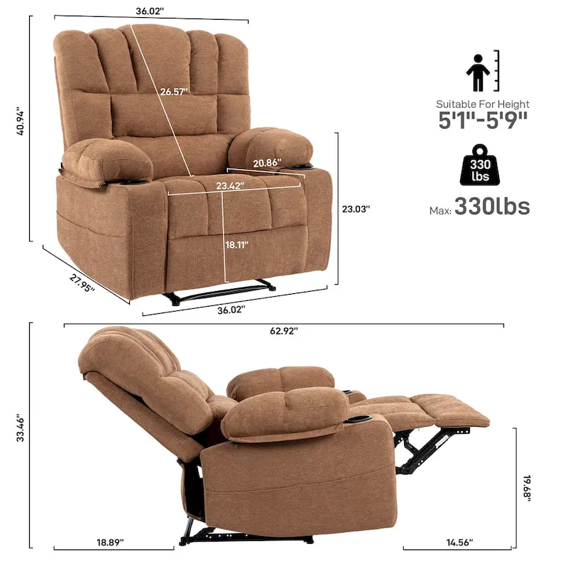 Chenille Manual Recliner Chair with Massage and Lumbar Heating, Dual Cup Holders, Side Pockets